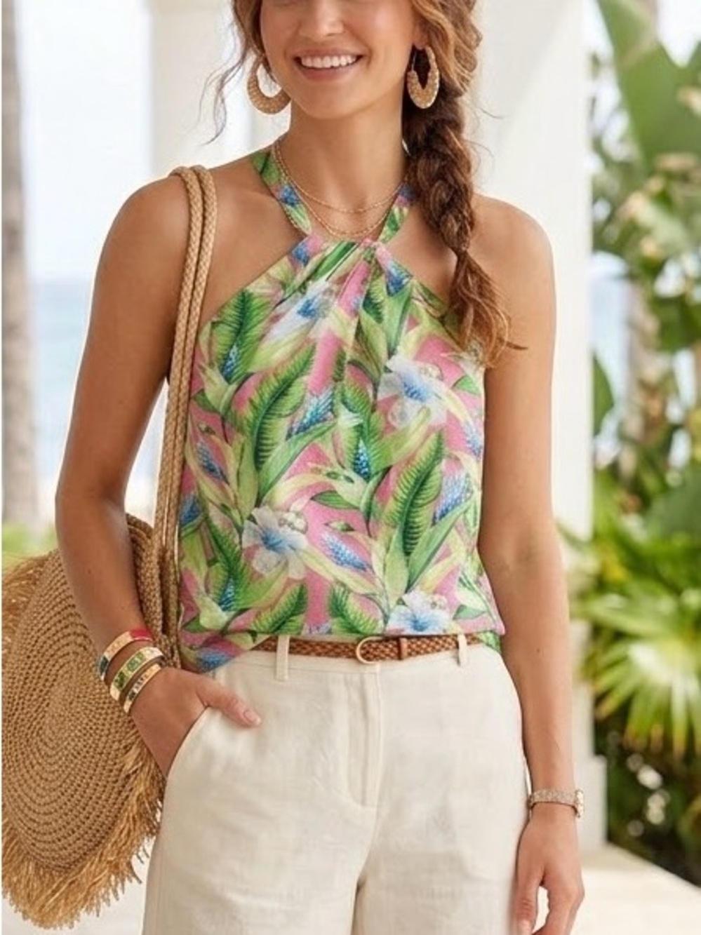 Tommy Bahama Tropical Halter Neck Women's Top - Pink & Green- linen